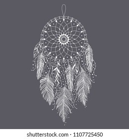 Hand drawn dreamcatcher with feathers. Ethnic art with native American Indian boho design, mystery symbol, tribal gypsy poster or card. Vector illustration of dream catcher.