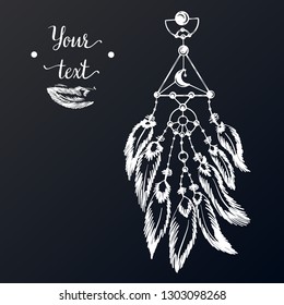 Hand drawn dreamcatcher with feathers. Ethnic art with native American Indian boho design, mystery symbol, tribal gypsy poster or card. Vector illustration of dream catcher. - Vector