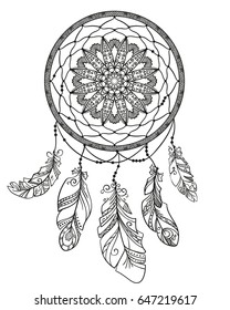 Hand drawn dreamcatcher with feathers, Page for adult coloring book, Ethnic isolated design element vector svg