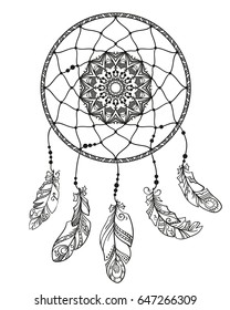 Hand drawn dreamcatcher with feathers, Page for adult coloring book, Ethnic isolated design element vector