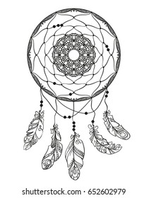 Hand drawn dreamcatcher with feathers. Page for adult coloring book. Ethnic isolated design element vector