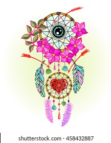 Hand drawn dreamcatcher with flowers, feathers, heart. Indian talisman in boho style. American ethnic symbol for fashion, print, label, poster. Occultism, religion, shamanism, spirituality.