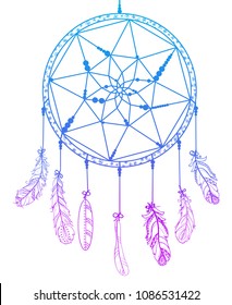 Hand drawn dreamcatcher on white. Zentangle. Feathers. Abstract mystic symbol. American indians symbol. Zen art. Design for spiritual relaxation for adults. Line art creation