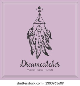 Hand drawn dreamcatcher on white. Zentangle. Feathers. Abstract mystic symbol. Zen art. Design for spiritual relaxation for adults. Line art creation. Doodle for banners, posters and textiles - Vector