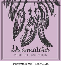 Hand drawn dreamcatcher on white. Zentangle. Feathers. Abstract mystic symbol. Zen art. Design for spiritual relaxation for adults. Line art creation. Doodle for banners, posters and textiles - Vector