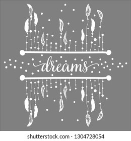 Hand drawn dreamcatcher on white. Zentangle. Feathers. Abstract mystic symbol. Zen art. Design for spiritual relaxation for adults. Line art creation. Doodle for banners, posters and textiles - Vector
