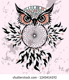 Hand drawn dreamcatcher with an owl, feathers and all seeing eyes. Indian talisman in boho style. American ethnic symbol. Shamanism, religion, occultism.