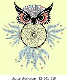 Hand drawn dreamcatcher with an owl, feathers and all seeing eyes. Indian talisman in boho style. American ethnic symbol. Shamanism, religion, occultism.