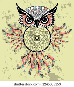Hand drawn dreamcatcher with an owl, feathers and all seeing eyes. Indian talisman in boho style. American ethnic symbol. Shamanism, religion, occultism.