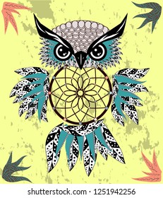 Hand drawn dreamcatcher with an owl, feathers and all seeing eyes. Indian talisman in boho style. American ethnic symbol. Shamanism, religion, occultism.