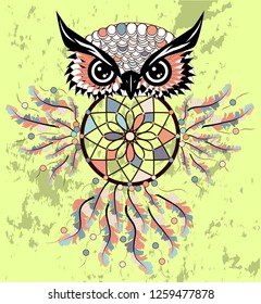 Hand drawn dreamcatcher with an owl, feathers and all seeing eyes. Indian talisman in boho style. American ethnic symbol. Shamanism, religion, occultism.