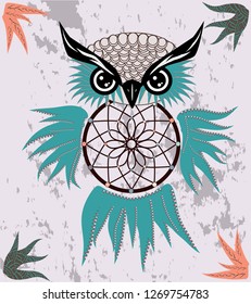 Hand drawn dreamcatcher with an owl, feathers and all seeing eyes. Indian talisman in boho style.