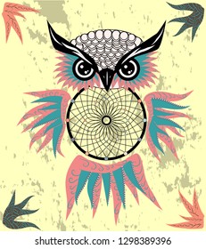 Hand drawn dreamcatcher with an owl, feathers and all seeing eyes. Indian talisman in boho style. American ethnic symbol. Shamanism, religion, occultism.