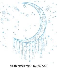 Hand drawn dreamcatcher with simple feathers, ribbons and beads. Many elements. Line art creation