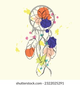 Hand drawn dreamcatcher vector illustration with watercolor spots