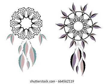 Hand drawn dreamcatchers with beads and feathers. Decorative boho style elements for design. Native american ethnic tribal talisman. Vector art