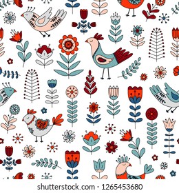 hand drawn dreaming birds and flowers seamless pattern. Scandinavian folk art style. Hugge illustration for kids fabric, wrapping and wall paper.