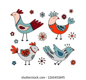 hand drawn dreaming birds and flowers vector elements. Scandinavian folk art style. Hugge illustration for greeting cards, nursery poster, fabric, wrapping and wall paper.