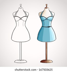 Hand drawn dress on manneqiun. Silhouette and colored version
