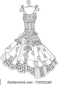 Hand drawn dress. Sketch for anti-stress adult coloring book in zen-tangle style. Vector illustration  for coloring page.