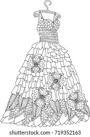 Hand drawn dress. Sketch for anti-stress adult coloring book in zen-tangle style. Vector illustration  for coloring page.