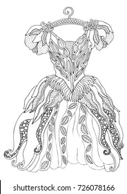 Hand drawn dress. Sketch for anti-stress adult coloring book in zen-tangle style. Vector illustration for coloring page.