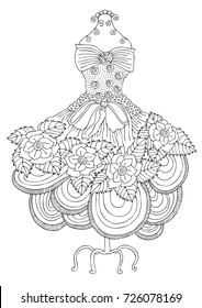 Hand drawn dress. Sketch for anti-stress adult coloring book in zen-tangle style. Vector illustration for coloring page.