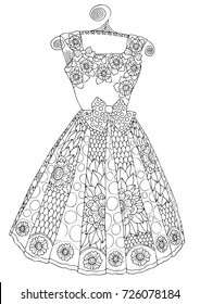 Hand drawn dress. Sketch for anti-stress adult coloring book in zen-tangle style. Vector illustration for coloring page.