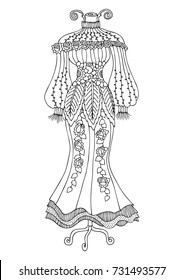 Hand drawn dress. Sketch for anti-stress adult coloring book in zen-tangle style. Vector illustration for coloring page.