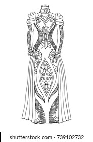 Hand drawn dress. Sketch for anti-stress adult coloring book in zen-tangle style. Vector illustration  for coloring page, isolated on white background.