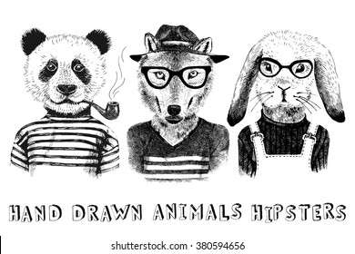 Hand drawn dressed up animals set in hipster style