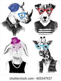 Hand drawn dressed up animals set in hipster style