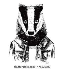 Hand drawn dressed up black and white badger in hipster style