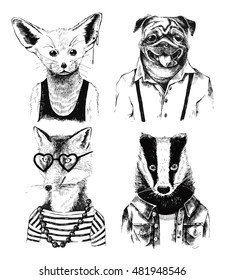 Hand drawn dressed up black and white badger in hipster style