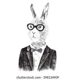 Hand drawn dressed up bunny boy in hipster style