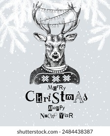 Hand drawn dressed up deer in hipster style