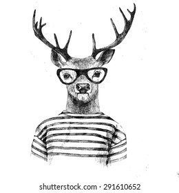 Hand drawn dressed up deer in hipster style