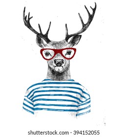 Hand drawn dressed up deer in hipster style