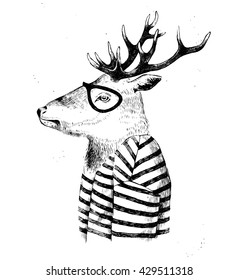 Hand drawn dressed up deer in hipster style