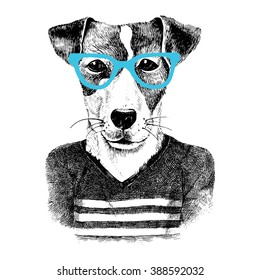 Hand drawn dressed up dog in hipster style