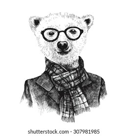 Hand drawn dressed up hipster bear in glasses