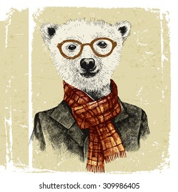 Hand drawn dressed up hipster bear in glasses in vintage style