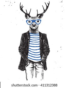 Hand drawn dressed up hipster deer - vector illustration