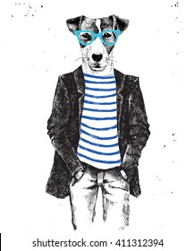 Hand drawn dressed up hipster dog - vecor illustration