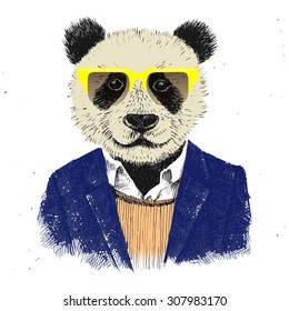 Hand drawn dressed up hipster panda in glasses