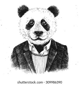 Hand drawn dressed up hipster panda on white background