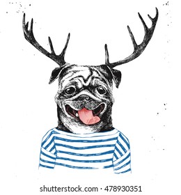 Hand drawn dressed up pug in hipster style with deer horns