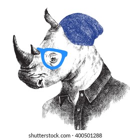 Hand drawn dressed up rhino in hipster style