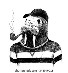 Hand drawn dressed up walrus in hipster style