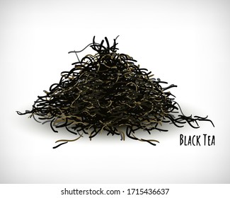 Hand drawn dried black tea. Culinary theme. Lettering Black Tea. Realistic dried tea herbs design on vignette background. Vector illustration.
